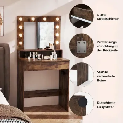 Toaletní stolek s LED osvětlením, nastavitelný jas, toaletní stolek se zrcadlem, rustikálně hnědý