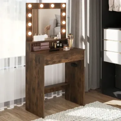 Toaletní stolek s LED osvětlením, nastavitelný jas, toaletní stolek se zrcadlem, rustikálně hnědý