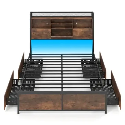 Rám postele s LED osvětlením a nabíjecí stanicí, industriální postel s úložným prostorem, 200 x 140 cm, rustikálně hnědá