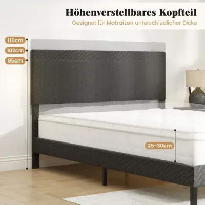 Sametový rám postele 160 x 200 cm s výškově nastavitelným čelem ve tvaru chevronu. Čalouněný rám postele, šedý.