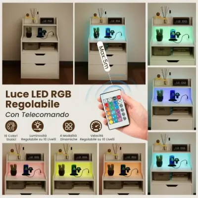 Noční stolek s LED světly a nabíjecí stanicí, odkládací stolek se 2 zásuvkami a otevřenou přihrádkou, moderní noční stolek, bílý