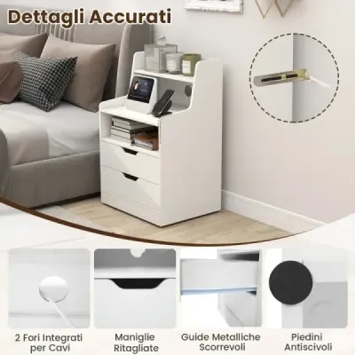 Noční stolek s LED světly a nabíjecí stanicí, odkládací stolek se 2 zásuvkami a otevřenou přihrádkou, moderní noční stolek, bílý
