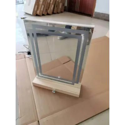 Kosmetické zrcadlo o rozměrech 41 × 50 cm s nastavitelným tříbarevným osvětlením, dotykovým ovládacím panelem a dřevěnou úložnou krabičkou