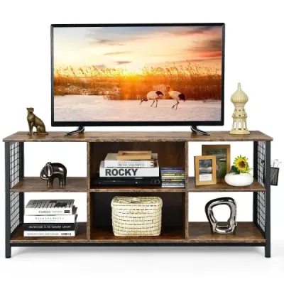 TV skříňka lowboard s otevřenými přihrádkami TV police pro televizory do 65 palců 140 x 40 x 62,5 cm Rustikální hnědá