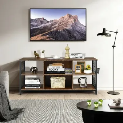 TV skříňka lowboard s otevřenými přihrádkami TV police pro televizory do 65 palců 140 x 40 x 62,5 cm Rustikální hnědá