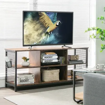TV skříňka lowboard s otevřenými přihrádkami TV police pro televizory do 65 palců 140 x 40 x 62,5 cm Rustikální hnědá