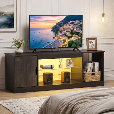 Televizní skříňka s odkládací plochou a 3 otevřenými přihrádkami, až pro 65 palců, černá