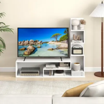 Dřevěná TV skříňka TV stolek s policí pro televizory do 50" 144,5 x 29,5 x 121 cm Bílá