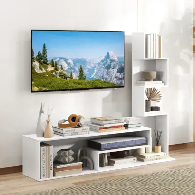 Dřevěná TV skříňka TV stolek s policí pro televizory do 50" 144,5 x 29,5 x 121 cm Bílá