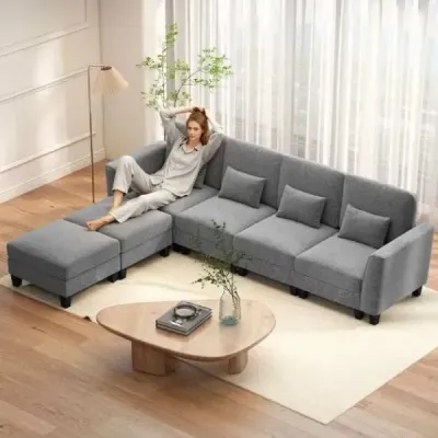 Rohová pohovka 280 cm se 2 taburety, modulární pohovka ve tvaru U s USB a nabíjecími porty typu C, čtyřmístná sedací souprava, šedá