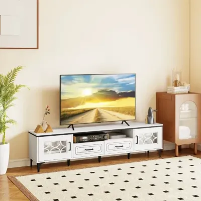 Bambusová nízká TV skříňka pro TV do 80 palců, TV skříňka se 2 zásuvkami a 2 dvířky a přihrádkou, bílá