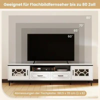 Bambusová nízká TV skříňka pro TV do 80 palců, TV skříňka se 2 zásuvkami a 2 dvířky a přihrádkou, bílá