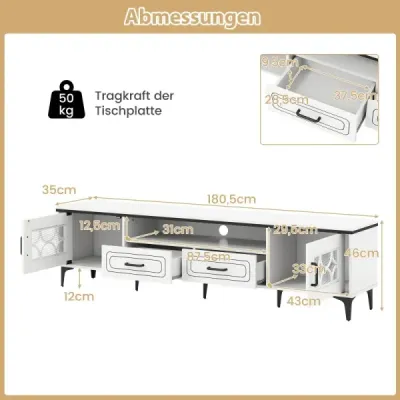 Bambusová nízká TV skříňka pro TV do 80 palců, TV skříňka se 2 zásuvkami a 2 dvířky a přihrádkou, bílá