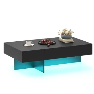 Konferenční stolek s LED osvětlením, vysoký lesk, 3 zásuvky, dálkové ovládání, 120x70x35cm, bílý imitace mramoru, černý