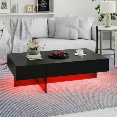 Konferenční stolek s LED osvětlením, vysoký lesk, 3 zásuvky, dálkové ovládání, 120x70x35cm, bílý imitace mramoru, černý