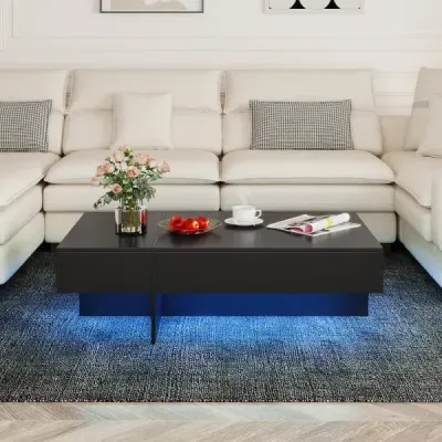 Konferenční stolek s LED osvětlením, vysoký lesk, 3 zásuvky, dálkové ovládání, 120x70x35cm, bílý imitace mramoru, černý