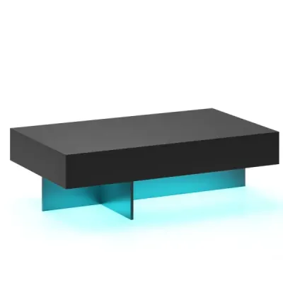 Konferenční stolek s LED osvětlením, vysoký lesk, 3 zásuvky, dálkové ovládání, 120x70x35cm, bílý imitace mramoru, černý