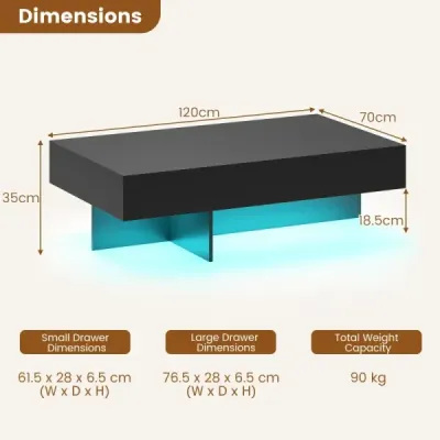 Konferenční stolek s LED osvětlením, vysoký lesk, 3 zásuvky, dálkové ovládání, 120x70x35cm, bílý imitace mramoru, černý