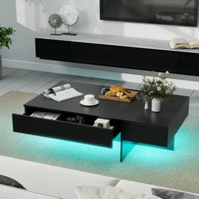 Konferenční stolek s LED osvětlením, vysoký lesk, 3 zásuvky, dálkové ovládání, 120x70x35cm, bílý imitace mramoru, černý