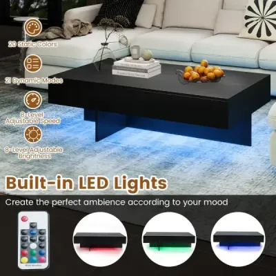 Konferenční stolek s LED osvětlením, vysoký lesk, 3 zásuvky, dálkové ovládání, 120x70x35cm, bílý imitace mramoru, černý