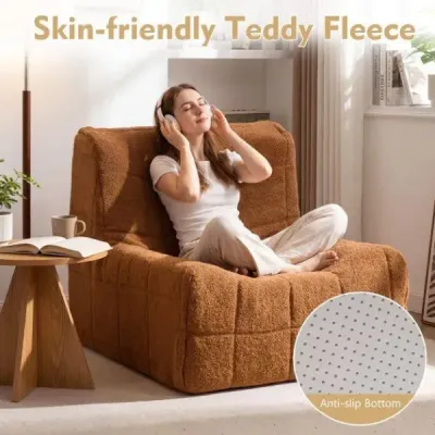 Podlahové sedací vaky s jednodílnou pěnovou výplní a potahem z plyšového materiálu s ozdobnými knoflíky, hnědé