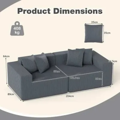 2místná pohovka Boneless Couch 204 cm s hlubokým sedákem a opěradlem, pohodlné područky, šedá