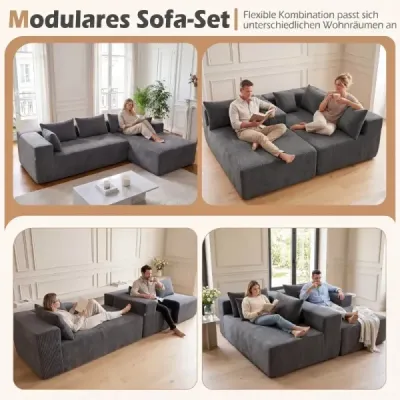 Modulární pohovka ve tvaru L pro 4 osoby s lehátkem, nosnost až 600 kg, rozměry 275 x 177 x 58 cm, šedá