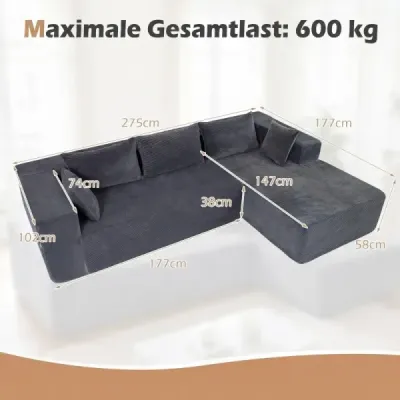 Modulární pohovka ve tvaru L pro 4 osoby s lehátkem, nosnost až 600 kg, rozměry 275 x 177 x 58 cm, šedá