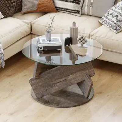 Kulatý skleněný stolek s deskou z tvrzeného skla a rámem z masivního dřeva Moderní konferenční stolek φ 81 cm
