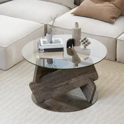 Kulatý skleněný stolek s deskou z tvrzeného skla a rámem z masivního dřeva Moderní konferenční stolek φ 81 cm