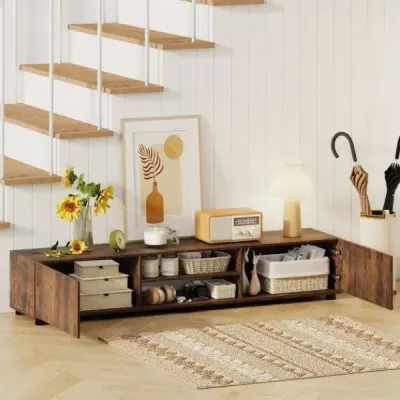 Skříňka pod televizi, komoda pod televizi pro televizory do 70 palců, skříňka pod televizi se 2 dvířky, 160 x 35 x 30 cm, rustikální hnědá