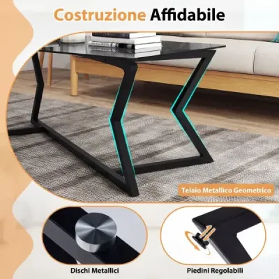 Obdélníkový konferenční stolek s deskou z tvrzeného skla a geometrickým kovovým podnožím Moderní skleněný stolek