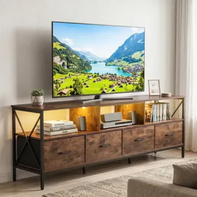 Skříňka pod televizi s LED osvětlením, 3 otevřenými přihrádkami a 4 skládacími látkovými zásuvkami, v rustikální hnědé barvě