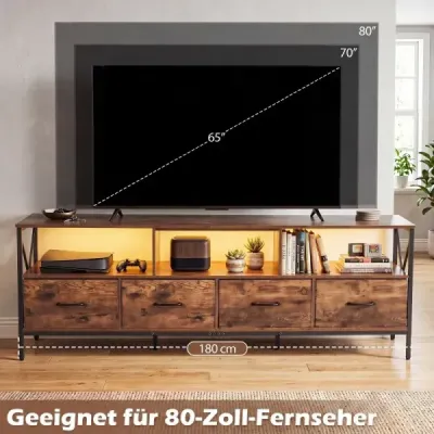 Skříňka pod televizi s LED osvětlením, 3 otevřenými přihrádkami a 4 skládacími látkovými zásuvkami, v rustikální hnědé barvě