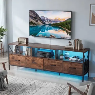 Skříňka pod televizi s LED osvětlením, 3 otevřenými přihrádkami a 4 skládacími látkovými zásuvkami, v rustikální hnědé barvě