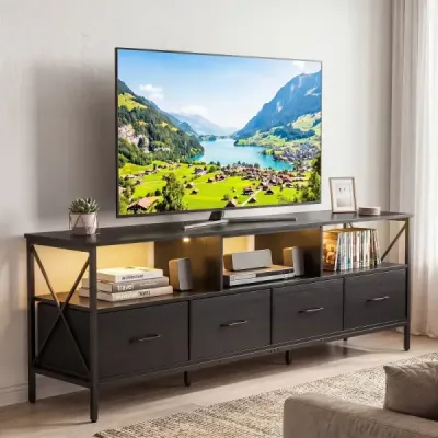 Televizní skříňka s LED osvětlením, 3 otevřenými přihrádkami a 4 skládacími látkovými zásuvkami, černá