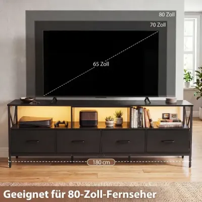 Televizní skříňka s LED osvětlením, 3 otevřenými přihrádkami a 4 skládacími látkovými zásuvkami, černá