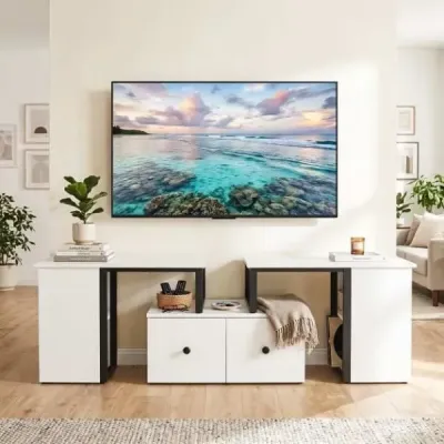 Dřevěná televizní skříňka typu lowboard se 2 velkými zásuvkami a 4 otevřenými bočními přihrádkami, bílá