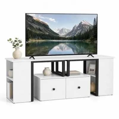 Dřevěná televizní skříňka typu lowboard se 2 velkými zásuvkami a 4 otevřenými bočními přihrádkami, bílá