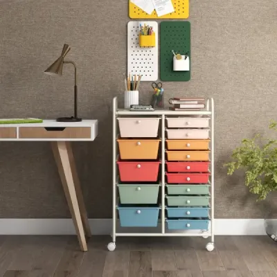 Vozík s 15 stohovatelnými zásuvkami Pojízdný boční vozík na kontejnery s 15 zásuvkami vícebarevný 62,5 x 37 x 87 cm