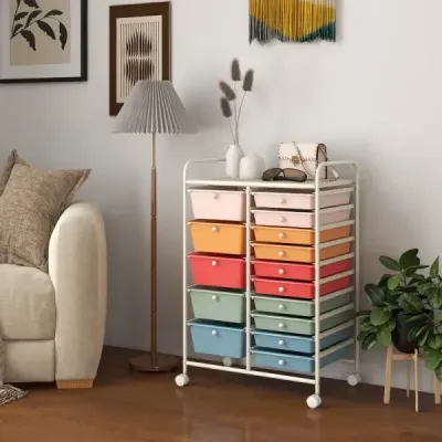Vozík s 15 stohovatelnými zásuvkami Pojízdný boční vozík na kontejnery s 15 zásuvkami vícebarevný 62,5 x 37 x 87 cm