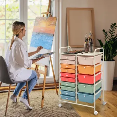 Vozík s 15 stohovatelnými zásuvkami Pojízdný boční vozík na kontejnery s 15 zásuvkami vícebarevný 62,5 x 37 x 87 cm