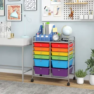 Vozík Kovový rám Kontejner na kolečkách 12 zásuvek Koupelnový vozík s brzdami Vícebarevný