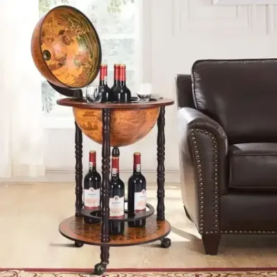 Pojízdný stojan na víno Globe Bar na kolečkách na víno 47 x 47 x 90 cm hnědý