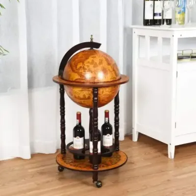 Pojízdný stojan na víno Globe Bar na kolečkách na víno 47 x 47 x 90 cm hnědý