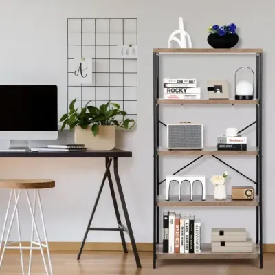 Regál s 5 úrovněmi a kovovým rámem a průmyslovým designem stojící regál kancelářský regál šedý