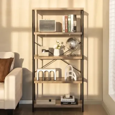 Regál s 5 úrovněmi a kovovým rámem a průmyslovým designem stojící regál kancelářský regál šedý
