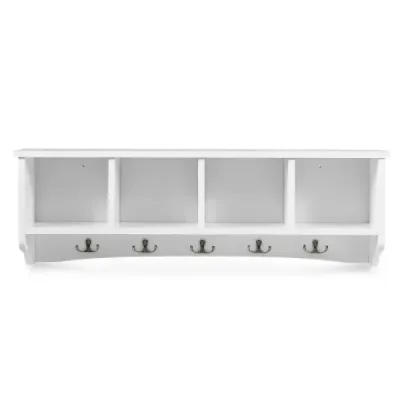 Nástěnná vstupní skříňka se 4 úložnými jednotkami a 5 dvojitými háčky moderní dekorativní nábytek 72 x 15 x 23 cm bílá