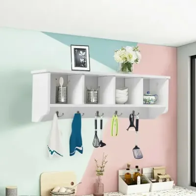 Nástěnná vstupní skříňka se 4 úložnými jednotkami a 5 dvojitými háčky moderní dekorativní nábytek 72 x 15 x 23 cm bílá