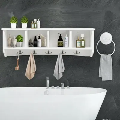 Nástěnná vstupní skříňka se 4 úložnými jednotkami a 5 dvojitými háčky moderní dekorativní nábytek 72 x 15 x 23 cm bílá